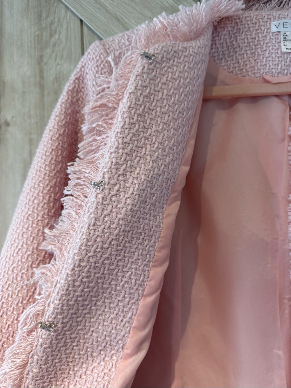 VENUS Blush Pink Tweed Fringe-Trim Long Blazer Perfect for Fall - Picture 3 of 11